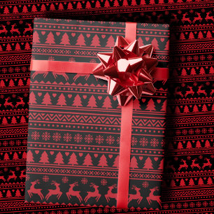 Papel De Regalo Suéter feo navideño nórdico negro y rojo de moda
