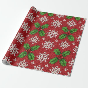 Papel De Regalo Suéter rojo de Navidad de punto de acebo y copo de