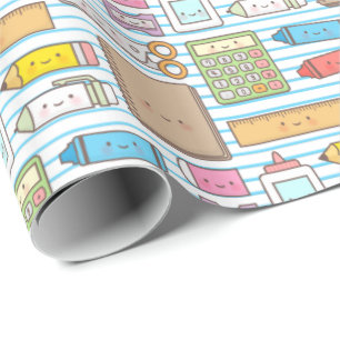 Papel De Regalo Suministros de Regreso a la Escuela Patrón Kawaii