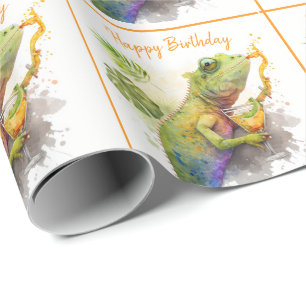 Papel De Regalo Summer Vibes Watercolor Chameleon - Feliz cumpleañ