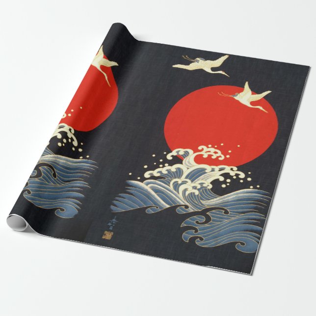 PAPEL DE REGALO SUN ROJO, GRÁFICAS DE VUELO JAPONÉS, OLAS MARINAS  (Desenrollado)
