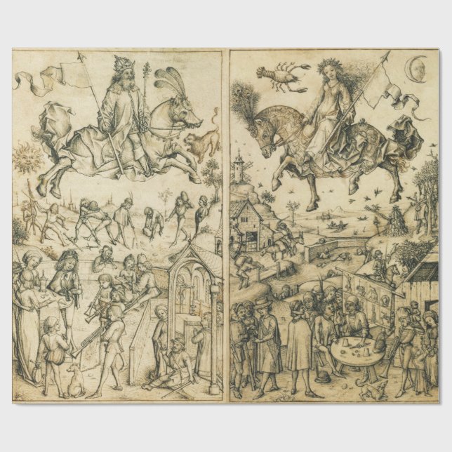 Papel De Regalo SUN Y MOON Dibujo de Astrología Blanco Negro Antig (Superficie plana)