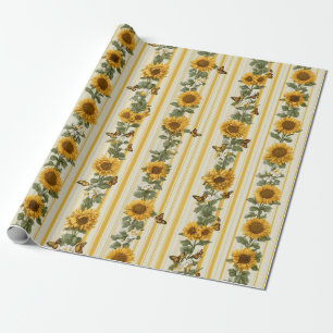 Papel De Regalo Sunflower y Butterflies en franjas amarillas