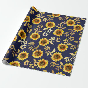 Papel De Regalo Sunny Yellow Gold Navy Sunflowers deja el patrón