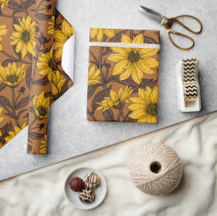 Papel De Regalo Sunroot, girasol salvaje en amarillo y marrón