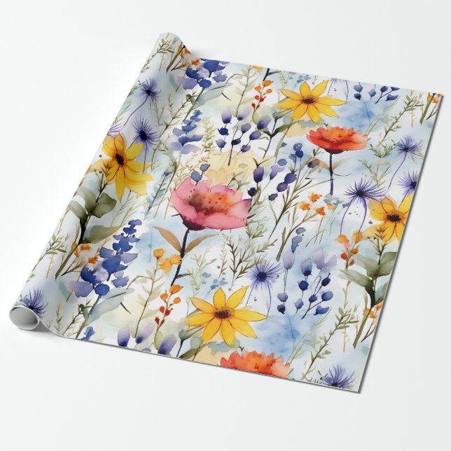 Papel De Regalo Sunset Meadow Watercolor Wildflower Pattern (Desenrollado)