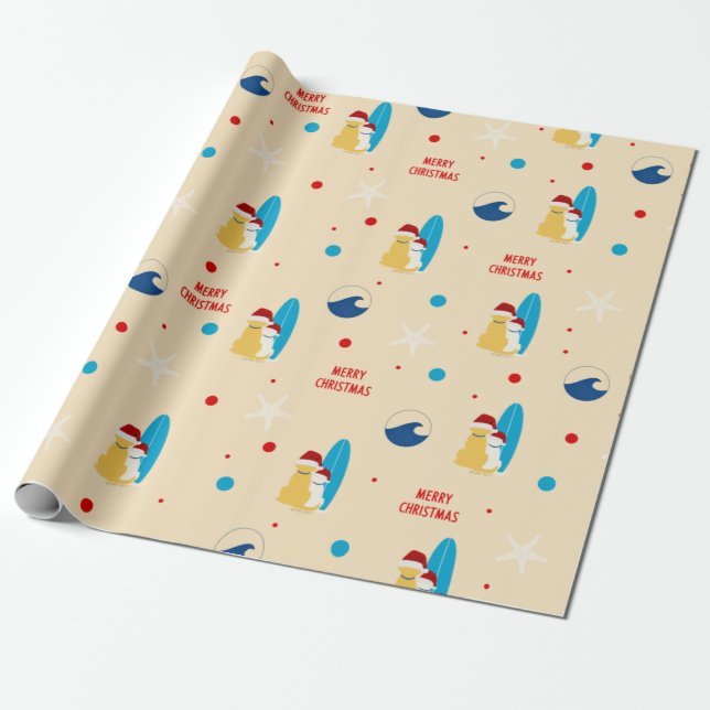 Papel De Regalo Surfing Beach Dog Christmas Holiday Gift Wrap (Desenrollado)