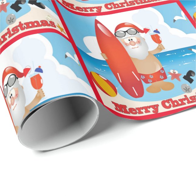 Papel De Regalo Surfing Santa On Beach Feliz Navidad (Esquina del rollo)