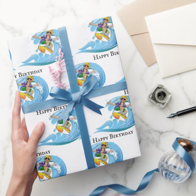 Papel De Regalo Surfista de cumpleaños en ola azul (Regalar)