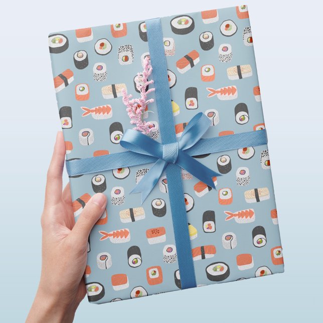Papel De Regalo Sushi Nigiri Maki Roll Pattern Blue (Japanese sushi gift wrapping paper)
