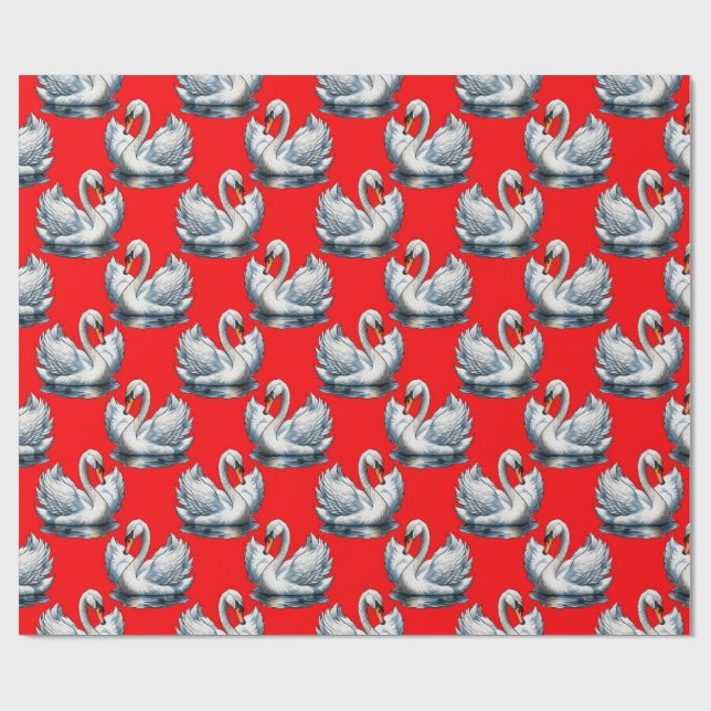 Papel De Regalo Swan Birds Pattern Design on Red (Superficie plana)