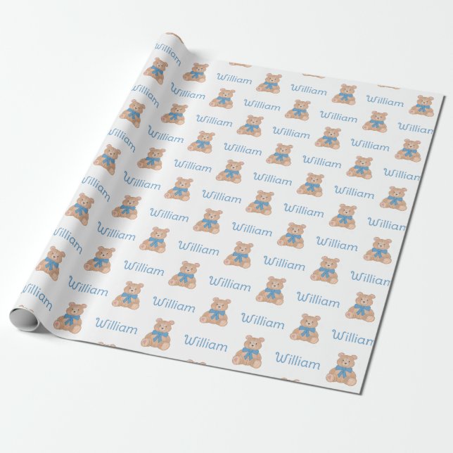 Papel De Regalo Sweet Blue Teddy Bear Bow Tie Baby Shower (Desenrollado)