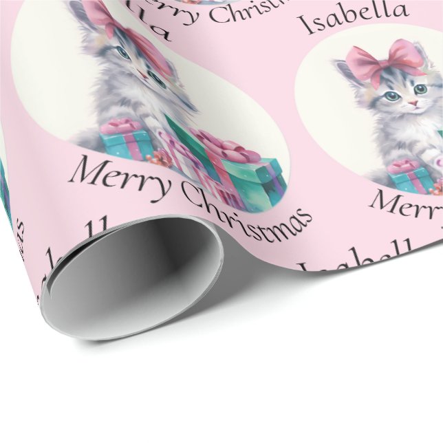 Papel De Regalo Sweet Christmas Kitten Big Pink Bow Add Name (Esquina del rollo)