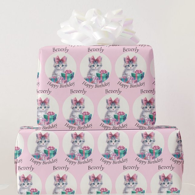 Papel De Regalo Sweet Kitten Big Pink Bow Añadir nombre de cumplea (Subido por el creador)