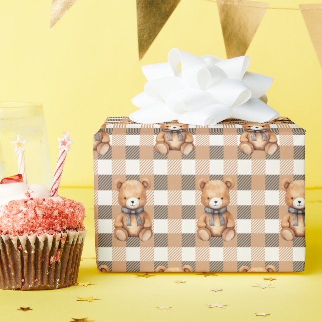 Papel De Regalo Sweet Neutral Teddy Bear Plaid  (Fiesta de cumpleaños )