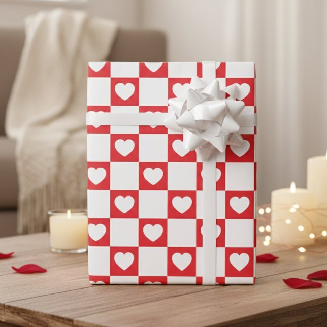 Papel De Regalo Sweetheart Red & White Checkerboard With Hearts (Sweetheart Red & White Checkerboard With Hearts Wrapping Paper)