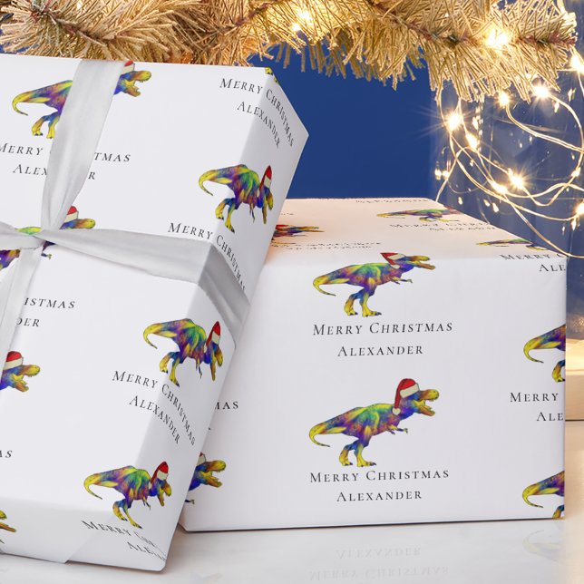 Papel De Regalo T-Rex divertido de Navidad personalizado (Funny christmas T-Rex dinosaur personalized boy name wrapping paper colorful funky Jurassic dino)