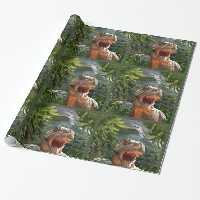 Papel De Regalo T Rex en paisaje prehistórico (Desenrollado)