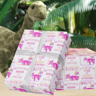 Papel De Regalo T-Rex Pink Añadir Nombre Y Edad De Cumpleaños De D