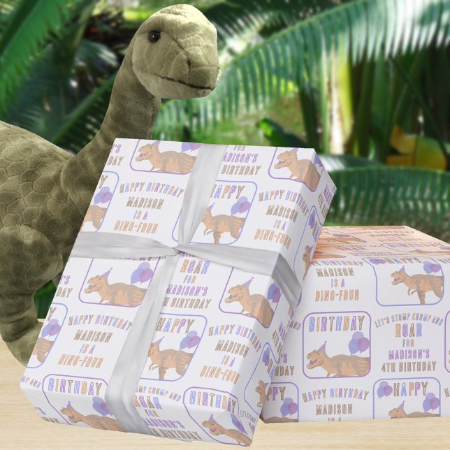 Papel De Regalo T-Rex Tan Añadir Nombre Y Edad Cumpleaños De Dinos (This cute dinosaur birthday wrapping paper is easy to personalize with child's name and age)