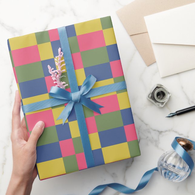Papel De Regalo Tablero de ajedrez azul rosa amarillo verde (Regalar)