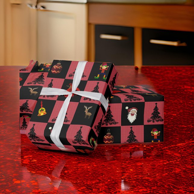 Papel De Regalo Tablero de ajedrez Santa Snowman Wreath Black Red (Subido por el creador)