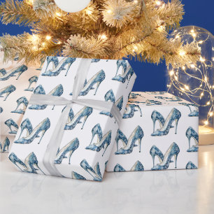 Papel De Regalo Taconeras Navideñas Copos de Nieve Azules Blancos