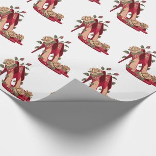 Papel De Regalo Tacones rojos elegantes con rosas doradas