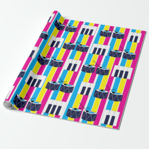 Papel De Regalo Tambores Musicales Teclas de Piano Rayas Coloridas