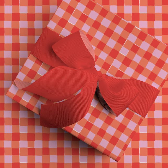 Papel De Regalo Tapa de la comprobación de búfalo rosa y roja dibu (Pink and Red Hand-Drawn Buffalo Check Plaid Wrapping Paper)