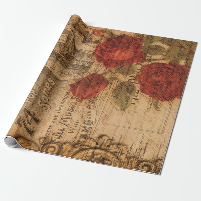 Papel De Regalo Tapa musical de época y Rosa Shabby Chic (Desenrollado)