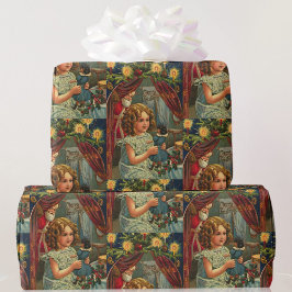 Papel De Regalo Tarjeta navideña vintage Santa Chica w Doll