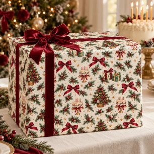 Papel De Regalo Tarta de cumpleaños de Navidad lazo de Borgoña env