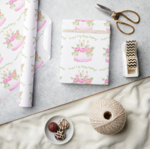 Papel De Regalo Tarta de cumpleaños floral de acuarela pintada a m