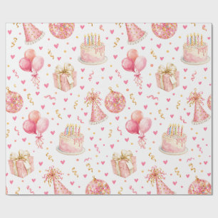 Papel De Regalo Tarta de Cumpleaños Rosa Globos Regalo Envoltorio