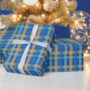 Papel De Regalo Tartan a la acuarela pintado a mano en azul y nara