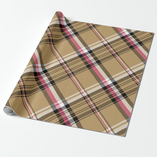 Papel De Regalo tartán beige rosado caliente (Desenrollado)