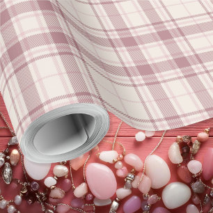 Papel De Regalo Tartán - Boho Cement White con luz a rosa oscuro