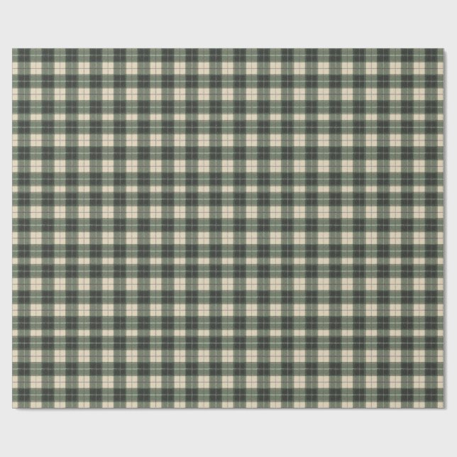 Papel De Regalo Tartan de copo de nieve verde bosque y crema (Superficie plana)