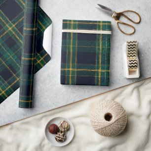Papel De Regalo Tartan de esmeralda y oro de la marina de lujo E
