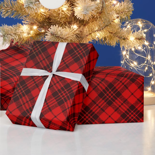 Papel De Regalo Tartán de Navidades rojos brillantes y elegantes (Vacaciones)