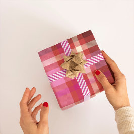 Papel De Regalo Tartán Navidades modernos rosados calientes, salmó