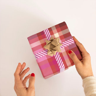 Papel De Regalo Tartán Navidades modernos rosados calientes, salmó