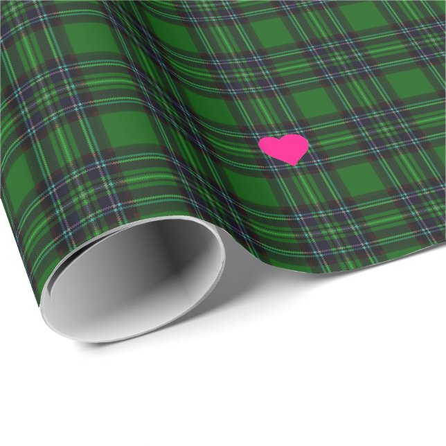 Papel De Regalo Tartán negro verde clásico Acento cardíaco rosado (Esquina del rollo)