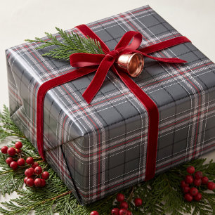 Papel De Regalo Tartan Plaid Clásico Gris Rojo de Navidad