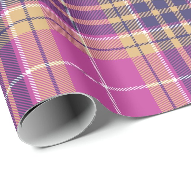 Papel De Regalo Tartán rosa, dorado y azul (Esquina del rollo)