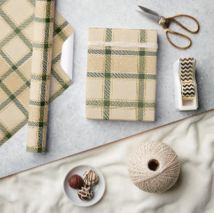 Papel De Regalo Tartan Verde y Dorado Crema de Lujo Elegante Neut