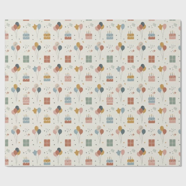 Papel De Regalo Tartas, globos y confeti Cumpleaños Scandi (Superficie plana)