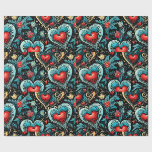 Papel De Regalo Tattoo Blue Red Hearts Tema