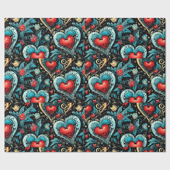Papel De Regalo Tattoo Blue Red Hearts Tema (Costura)
